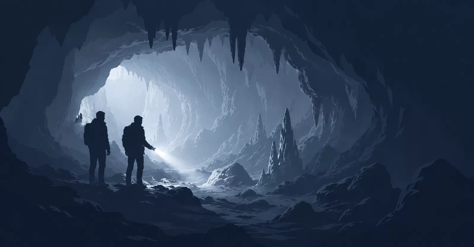 Deux explorateurs éclairant à la lampe torche l'intérieur d'une vaste grotte